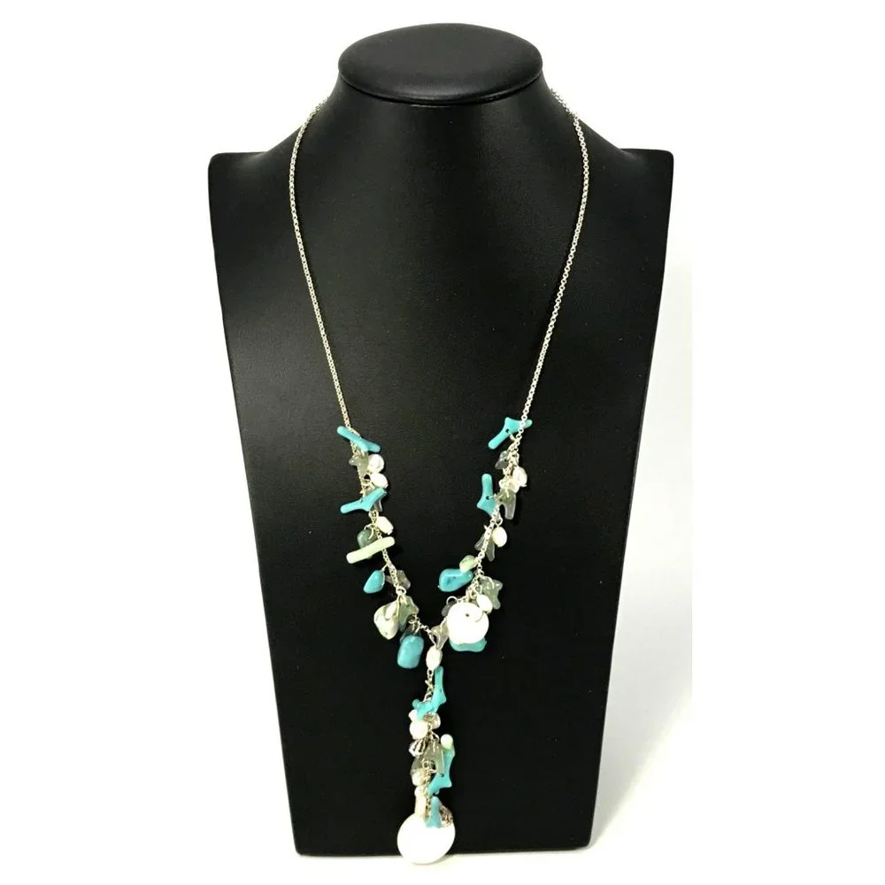 Silver Tone Cluster Fringe Y-Drop Necklace Faux Blue Coral n Pearls Real Shells - Picture 2 of 6